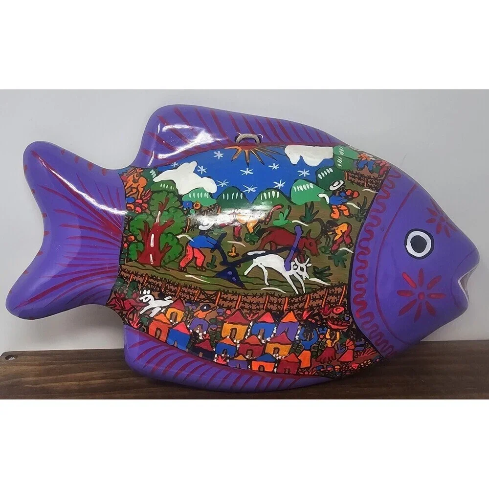 Talavera Mexican Pottery Fish Folk Art Hand Painted Wall Hanging 11.5